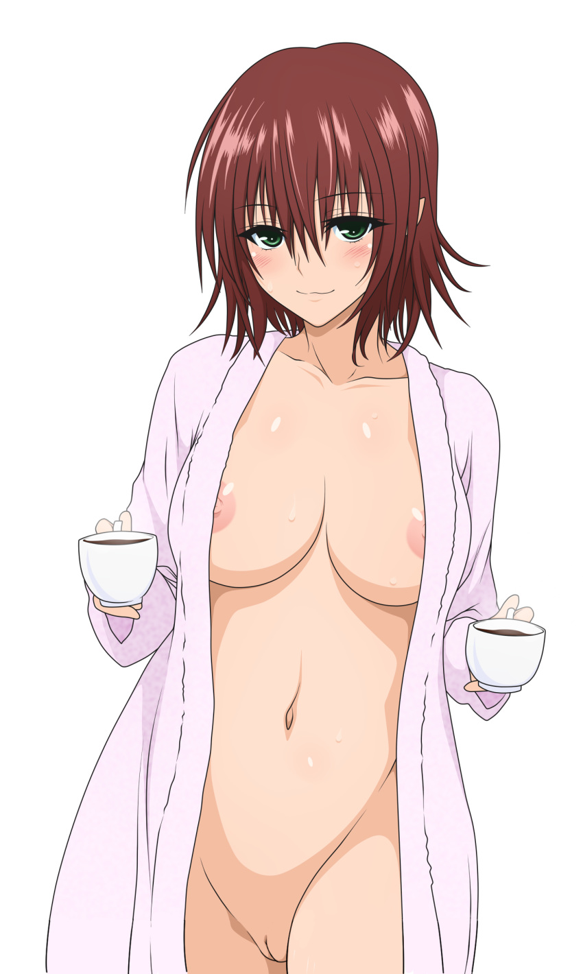 areola_slip areolae breasts brown_hair coffee female green_eyes highres large_breasts mikado_ryouko nipples nude_filter open_clothes open_shirt photoshop pussy shaved_pussy short_hair to_love-ru to_love-ru_darkness uncensored vagina vector white_background wink