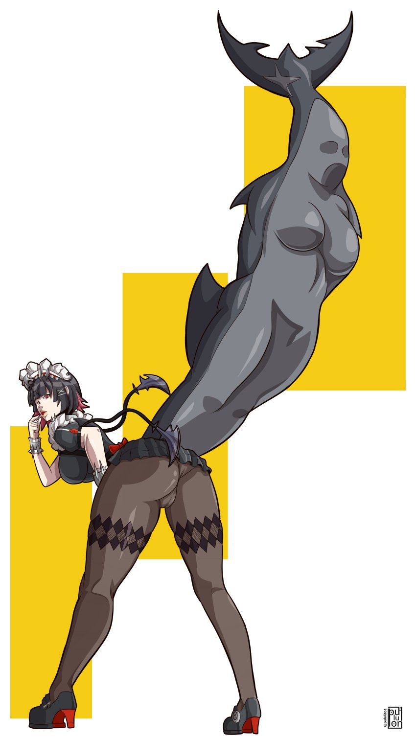 black_dress black_hair ellen_joe maid maid_outfit maid_uniform pantyhose pululon shark_tail tagme tail_vore vore