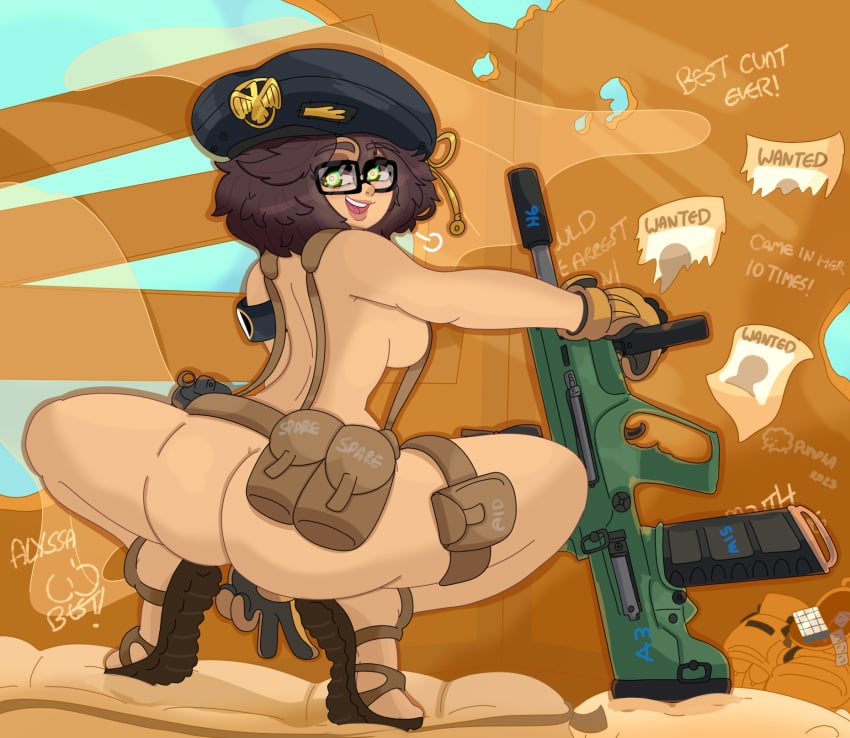 alyssa_(guiltyosheep) armband assault_rifle beret black_beret black_hat blush breasts brown_footwear brown_hair brown_sandals bullpup eyebrows_visible_through_hair female floofy_hair from_behind glasses glasses_only gloves gloves_on gloves_only green_hair guiltyosheep gun looking_at_viewer looking_back looking_behind magazine_pouch medium_hair military_hat naked naked_female naked_footwear naked_glasses naked_gloves naked_sandals naked_with_shoes_on naked_woman nude nude_female nude_glasses nude_gloves nude_sandals open_mouth poofy_hair pouch pouches round_teeth sandal_soles sandals sandals_soles solo squatting squatting_female squatting_position tar-21 tavor tavor_tar-21 thigh_pouch two-tone_gloves