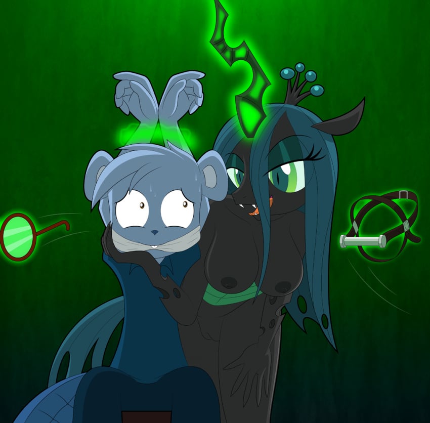 anthro arthropod beaver bedroom_eyes bodily_fluids bridle changeling crown culu-bluebeaver duo eyewear female friendship_is_magic gag glasses hasbro headgear horn humanoid levitation magic male male/female male_bondage mammal my_little_pony narrowed_eyes nervous nude queen_chrysalis_(mlp) rodent seductive smile sweat sweatdrop