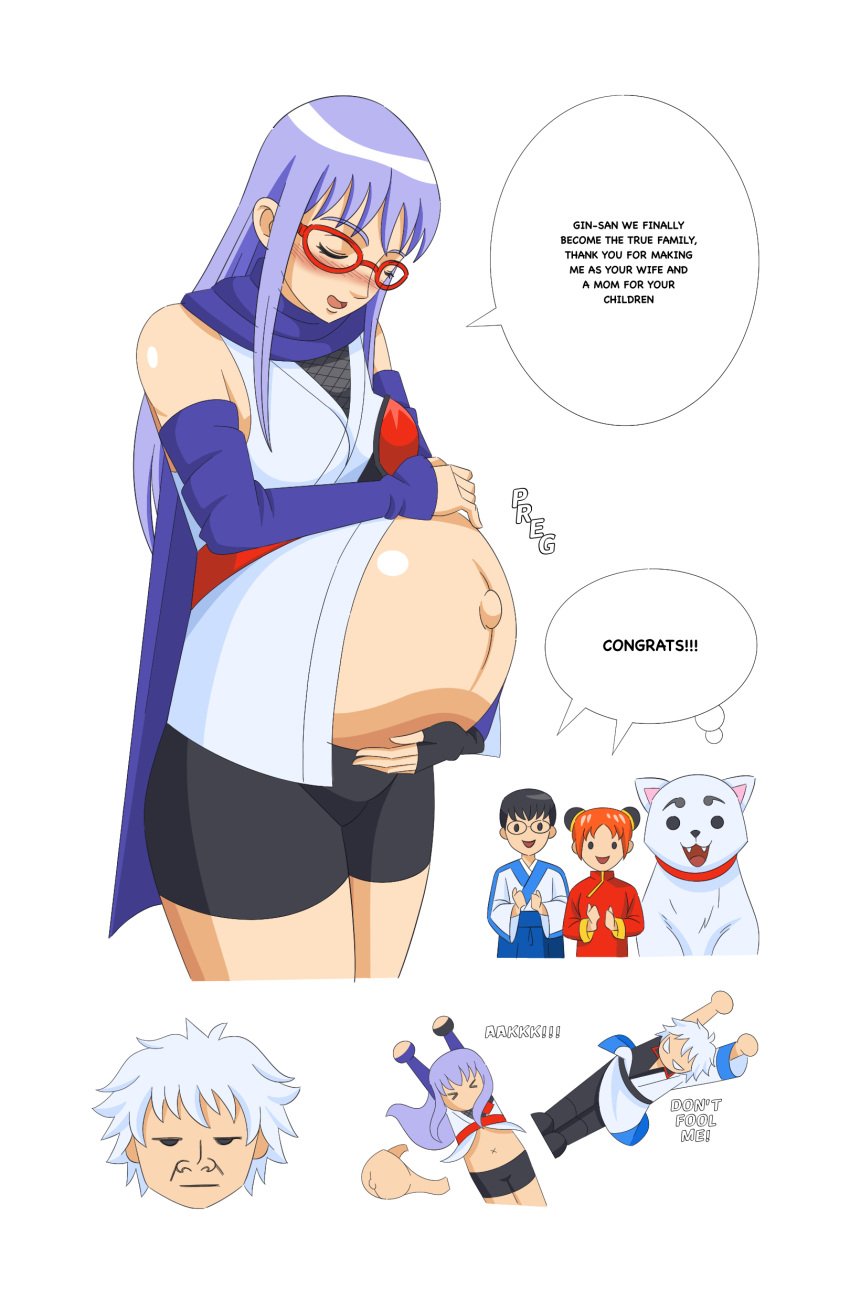 2boys 2girls baelrogue bike_shorts blue_hair blush breasts chibi fake_belly fake_pregnancy female female_focus fingerless_gloves gintama gintoki_sakata glasses japanese_clothes kagura_(gintama) long_hair male pregnant purple_hair red-framed_eyewear sadaharu sarutobi_ayame scarf shimura_shinpachi small_breasts smile solo_focus