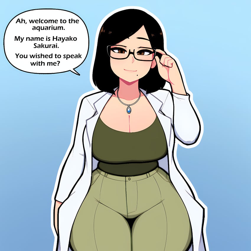 1girls ai_generated beauty_mark black_hair brown_eyes cleavage endless_ocean_(series) endless_ocean_2 glasses hayako_sakurai labcoat large_breasts necklace nintendo novelai short_hair simple_background slim_waist solo_female speech_bubble text thick_thighs wide_hips