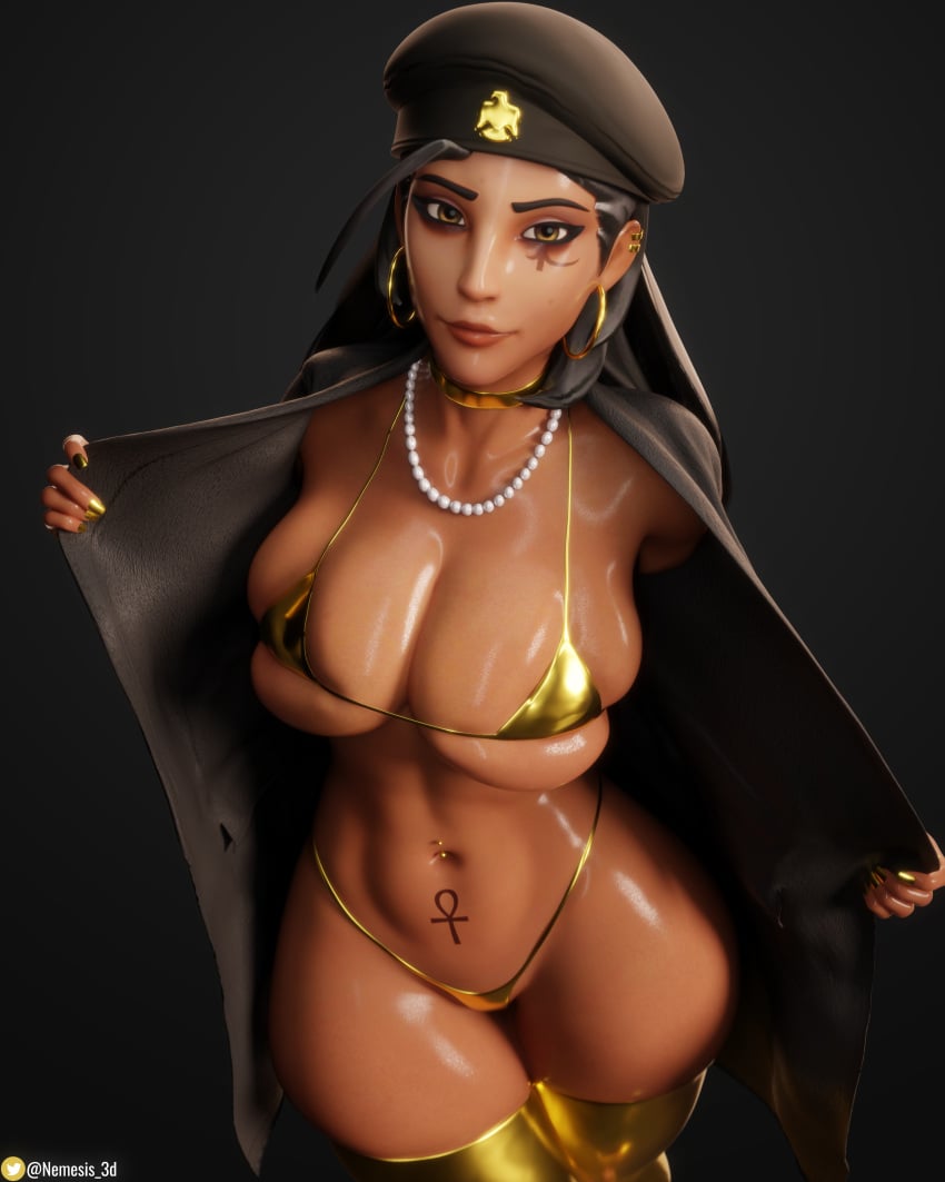 1girls 3d absurd_res ana_amari big_breasts bikini breasts choker dark-skinned_female female female_only gold_jewelry golden_bikini hi_res highres huge_breasts milf nemesis_3d open_robe overwatch shiny_skin thick_thighs thighhighs thighs wide_hips