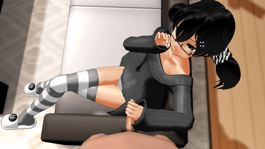 1boy 3d absolute_territory animated black_clothing black_eyes black_hair black_topwear female female_focus flashing gif glasses hair_between_eyes hairband hairclip hand_on_penis handjob loafers lollipop male masturbating_other nipples non-web_source one-handed_masturbation panties penis pigtails pov pubes pubic_hair small_breasts striped_legwear sucking_lollipop sweater teasing thighhighs thighs twintails