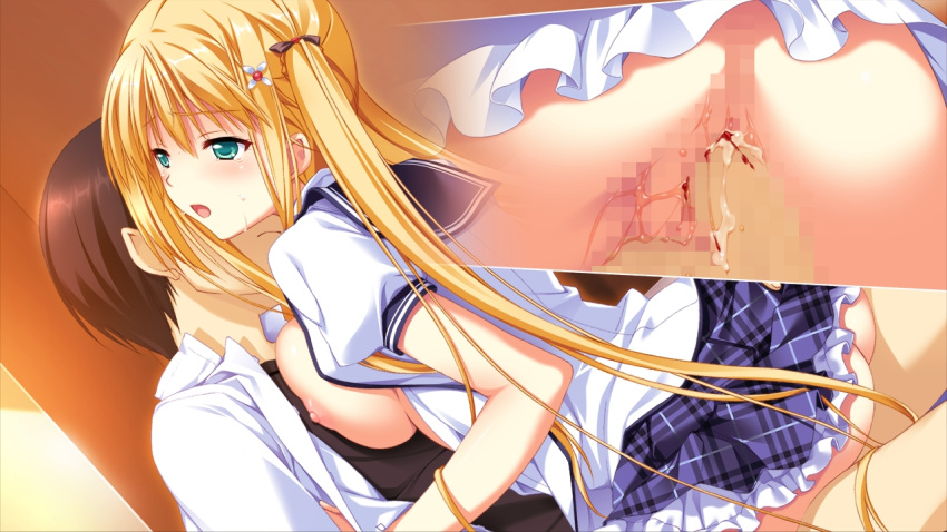 ass blonde_hair blood breasts censored female game_cg green_eyes kagami_inori narumi_suzune nipples sex tied_hair tojita_sekai_no_tori_colony twintails vaginal_penetration