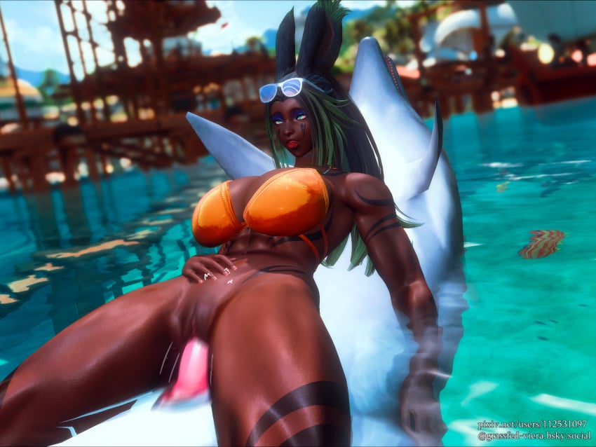 3d abs athletic athletic_female big_breasts bikini_top black_hair breasts dark-skinned_female dark_skin dolphin eyes_rolling_back final_fantasy final_fantasy_xiv gpose(ffxiv) grassfed_viera green_eyes green_highlights long_hair markings outdoors player_character ponytail sunglasses sunglasses_on_head tattoo tongue_out vaginal_penetration viera watermark zoophilia