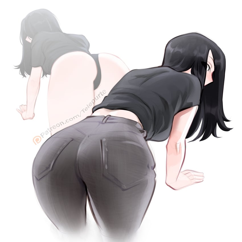 1girls bent_over black_crop_top black_hair blush crop_top hair_over_one_eye jeans long_hair looking_at_viewer looking_back nila_(telepurte) tagme telepurte thong