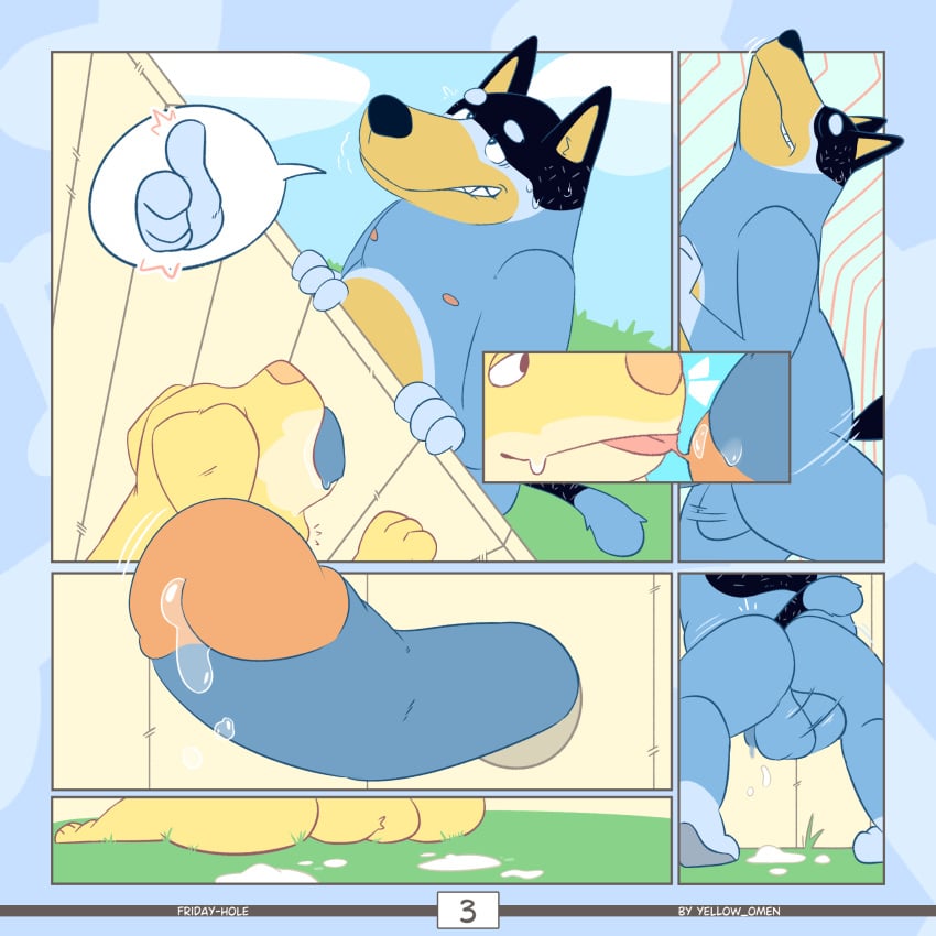 2025 anthro artist_name ass australian_cattle_dog ball_slap balls bandit_heeler big_penis bird_dog black_body black_ears black_fur black_nose black_tail blissful blue_body blue_fur blue_tail bluey_(series) bodily_fluids canid canine canis cattledog cloud colored comic comic_panel cum cum_drip digital_drawing_(artwork) digital_media_(artwork) domestic_dog dripping drooling duo ejaculation english_text erection face_fucking fellatio fence fingers front_view fur genital_fluids genitals gesture glory_hole grass hand_gesture herding_dog hi_res holding_penis humping hunting_dog irrumatio labrador looking_at_another male male/male mammal multicolored_body multicolored_fur nipples nude obese obese_anthro oral outside overweight overweight_anthro pastoral_dog pat_(bluey) penile penis plant precum pressed_against raised_head retriever saliva sex simple_background slap smile speech_bubble sweat tail text thumbs_up tongue two_tone_tail yellow_body yellow_ears yellow_fur yellow_omen