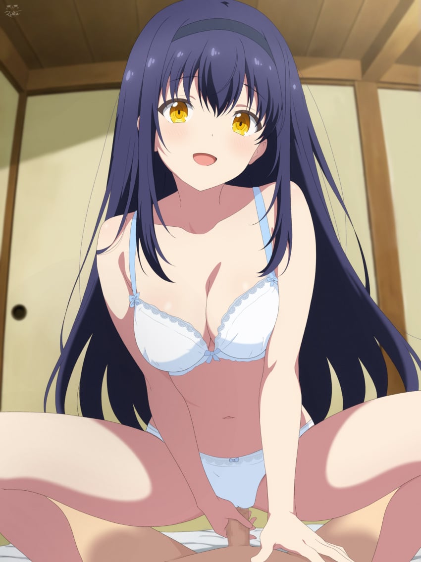 1boy absurdres black_hair black_hairband bow bow_bra bow_panties bra breasts censored cleavage collarbone commentary feet_out_of_frame female guided_penetration hairband highres imminent_penetration imminent_vaginal indoors kushima_kamome long_hair looking_at_viewer medium_breasts mosaic_censoring navel open_mouth paid_reward_available panties penis pov pov_crotch rikka_(rikkaarts) signature solo_focus spread_legs squatting straight summer_pockets thighs underwear white_bra white_panties yellow_eyes
