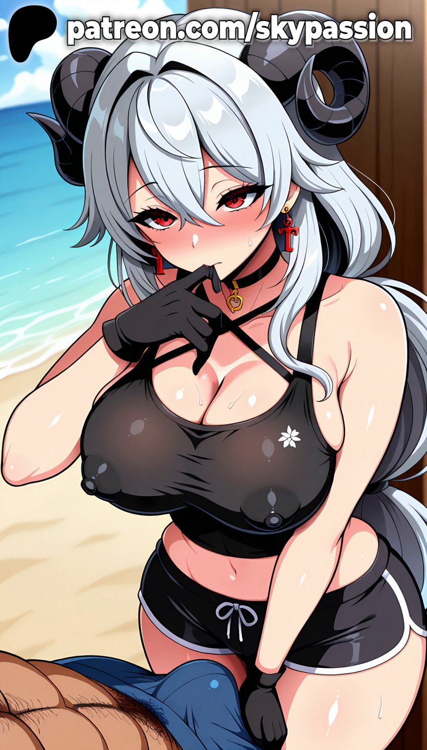 1boy 1girls 2025 ai_assisted ai_generated anime areolae_visible_through_clothing artist_name beach belly big_breasts big_chest black_gloves black_horns black_tank_top blush breasts bulge bust busty chest cleavage clothed_female covered_nipples curled_horns earrings erect_nipples erection eyebrows_visible_through_hair female female_focus gloves hi_res high_quality high_resolution highres horns jewelry large_breasts long_hair male_pubic_hair navel nipples_visible_through_clothing ocean original original_character patreon patreon_username pubic_hair red_eyes shorts silver_hair skypassion stable_diffusion straight tank_top very_long_hair watermark