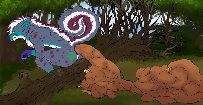 absurd_res anthro anus bone bone_disposal bones_in_feces canid canine disposal feces feces_everywhere feces_in_ass feces_on_ground feces_pile forest forest_background hi_res hybrid hyena hyenid_(species) male mammal nature nature_background plant skeleton solo tree yonnixart