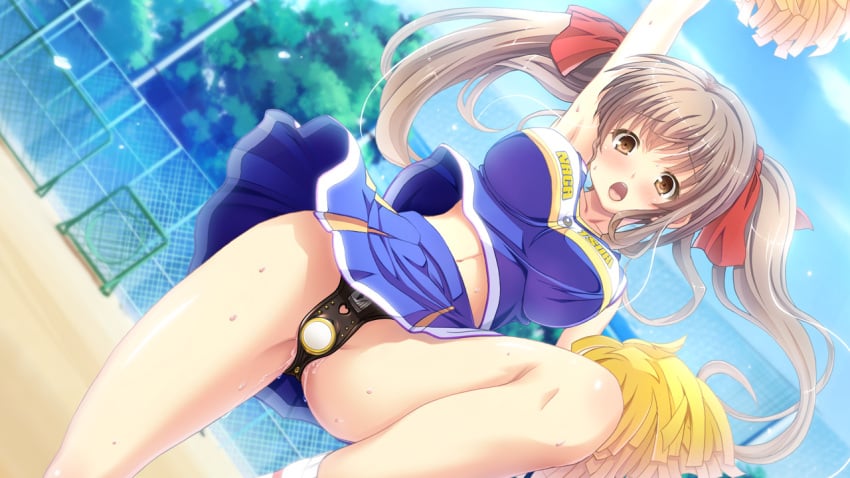 1girls blush breasts brown_eyes brown_hair chastity chastity_belt chastity_device cheerleader female female_chastity female_only game_cg long_hair open_mouth otome_switch pom_poms pussy_juice solo tied_hair twintails vibrator