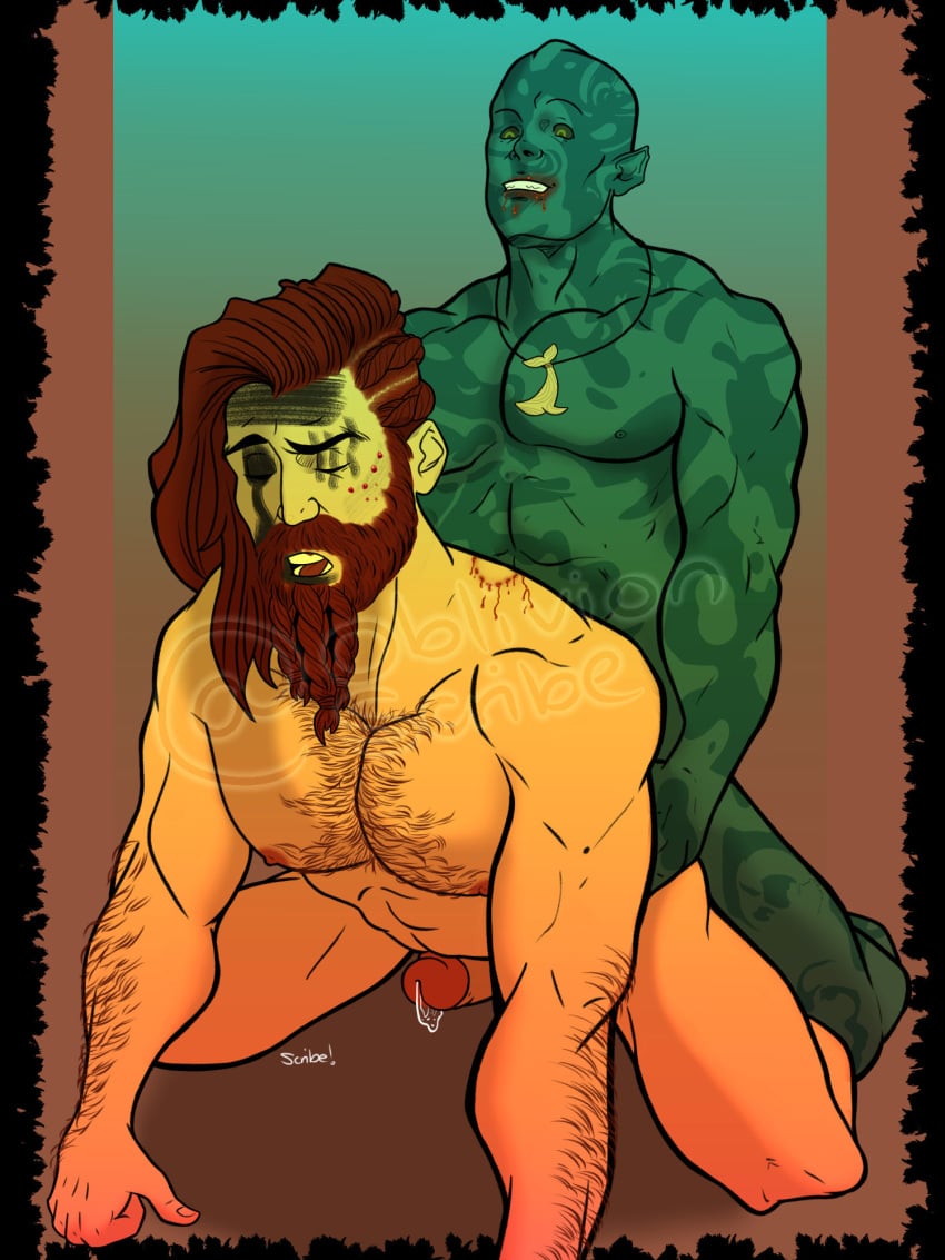 2boys aumaua avowed beard bite_mark bite_mark_on_shoulder blood_in_mouth blue_skin braided_beard brown_hair doggy_style envoy_(avowed) erect_penis erection facepaint gay implied_anal kai_(avowed) male male/male male_only midnightcowboy naked naked_male necklace pillars_of_eternity sex