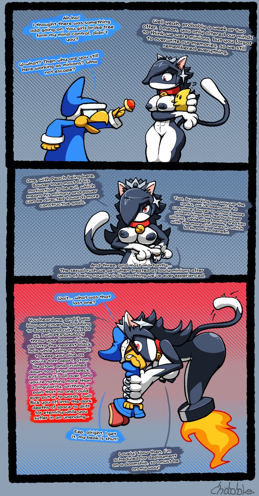 black_body black_hair bullet bullet_bill cat_bullet_bill cat_ears cat_tail catgirl chabble comic crown dialogue earrings face_to_face faking_experience fire glasses kamek mario_(series) post_transformation princess_rosalina red_eyes super_mario_bros. threatening transformation