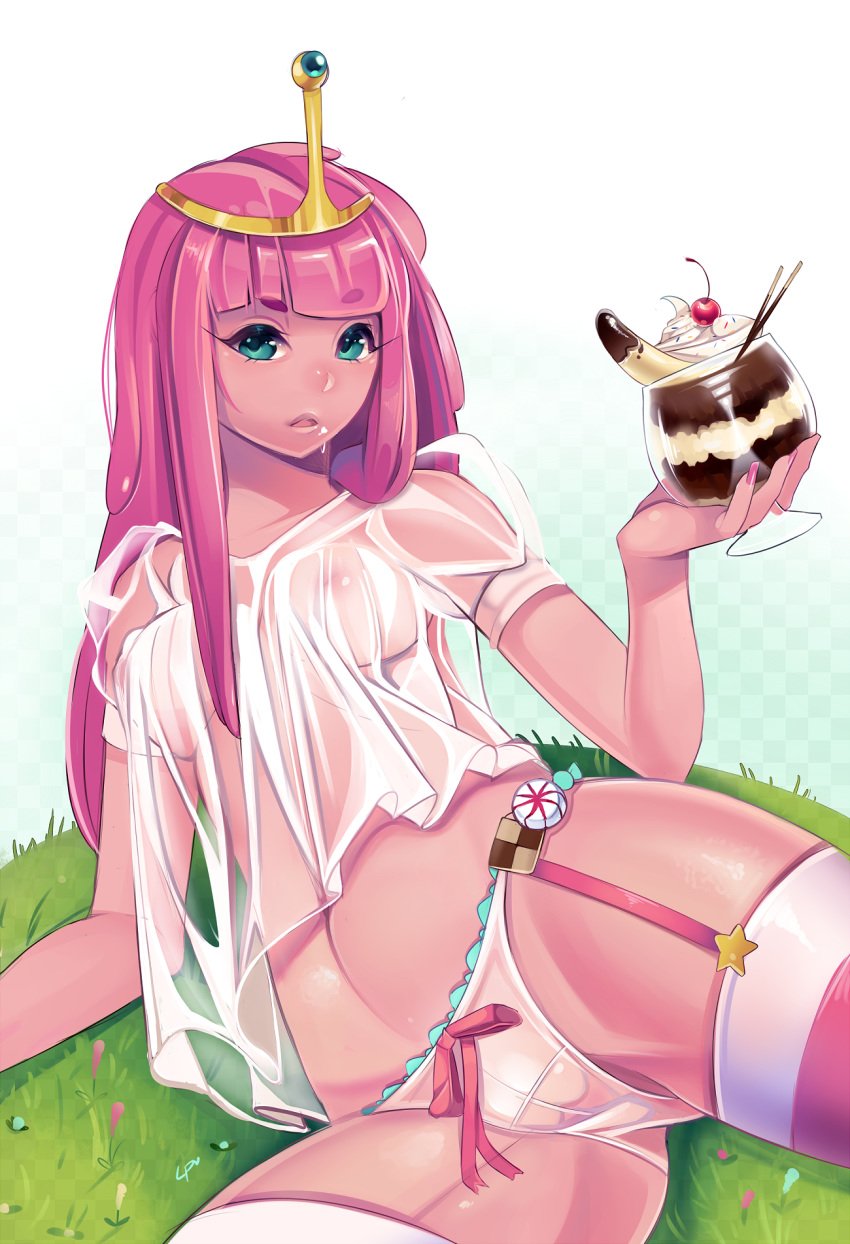 1girls adventure_time babydoll banana blue_eyes breasts dessert female female_only food fruit garter_straps glass green_eyes highres ice_cream inverted_nipples long_hair looking_at_viewer loyproject nipples no_bra panties partially_visible_vulva pink_hair pink_skin pocky princess_bubblegum reclining see-through small_breasts solo sundae thighhighs tiara underwear underwear_only white_legwear