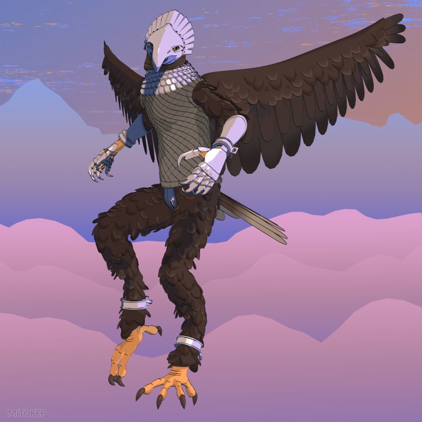 2025 3d_(artwork) accipitrid accipitriform ankle_cuffs anthro armor avian bald_eagle bird blender_(artwork) bondage bondage bound brown_body brown_feathers cel_shading chastity_belt chastity_device clothing cloud collar cuff_(restraint) digital_media_(artwork) eagle evening feathered_wings feathers feet female flying gauntlets gloves handwear headgear helmet hi_res leg_cuffs lock looking_at_viewer looking_forward metal_chastity_belt mitokep mountain mountain_range padlock restraints sea_eagle shaded signature simple_background sky skyscape slave solo talons text toes topwear url vest wings wings_folded wrist_cuffs yellow_eyes