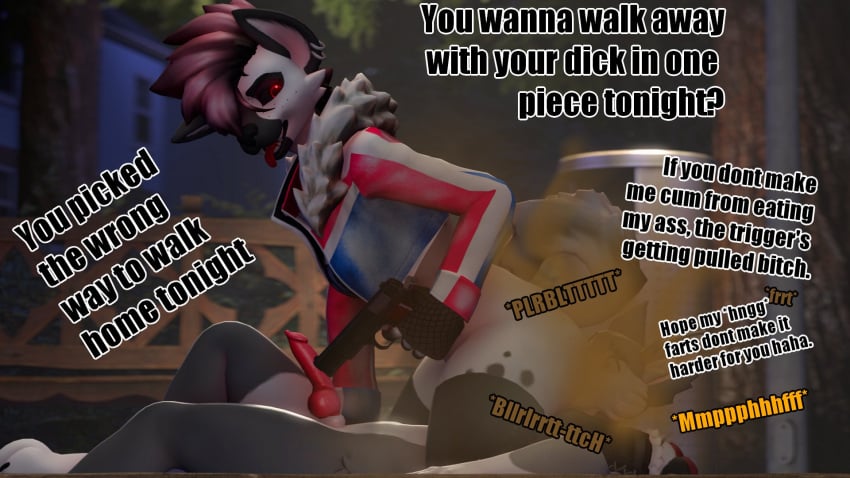 3d_(artwork) anthro anthro_on_anthro arrell_(artist) brown_fart_cloud canid canine canis dialogue digital_media_(artwork) dominant dominant_female duo english_text erection facesitting fart fart_cloud fart_fetish farting_on_another farting_on_face female forced genitals gun hi_res hyena male male/female mammal penis penny_(arrell) pinned pinned_to_ground ranged_weapon rape scared sex sitting_on_another submissive submissive_male text threatening threatening_violence threatening_with_weapon tongue tongue_out weapon wolf