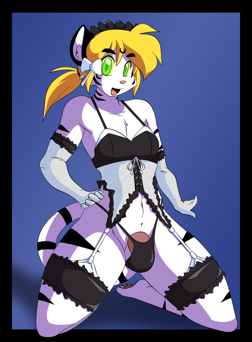 anthro blonde_hair corset edit feline garter garter_belt garter_straps girly gloves green_eyes hair hand_on_hip kneeling las_lindas lingerie male open_eyes penis plain_background shin_(las_lindas) skimpy solo stripes thong tiger white_fur