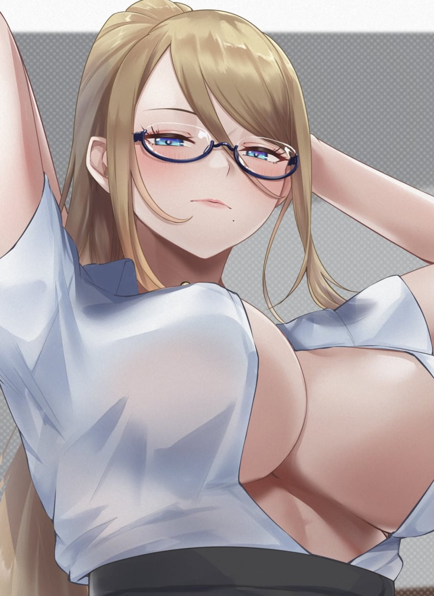 arms_behind_head arms_up black_skirt blonde_hair blue_eyes blush breasts center_opening cleavage closed_mouth collared_shirt female glasses hair_between_eyes half-closed_eyes highres large_breasts lips lipstick long_hair looking_at_viewer looking_down makeup metroid mole mole_under_mouth nintendo partially_unbuttoned ponytail samus_aran shirt short_sleeves sideboob sidelocks skirt solo swept_bangs tinnies white_shirt