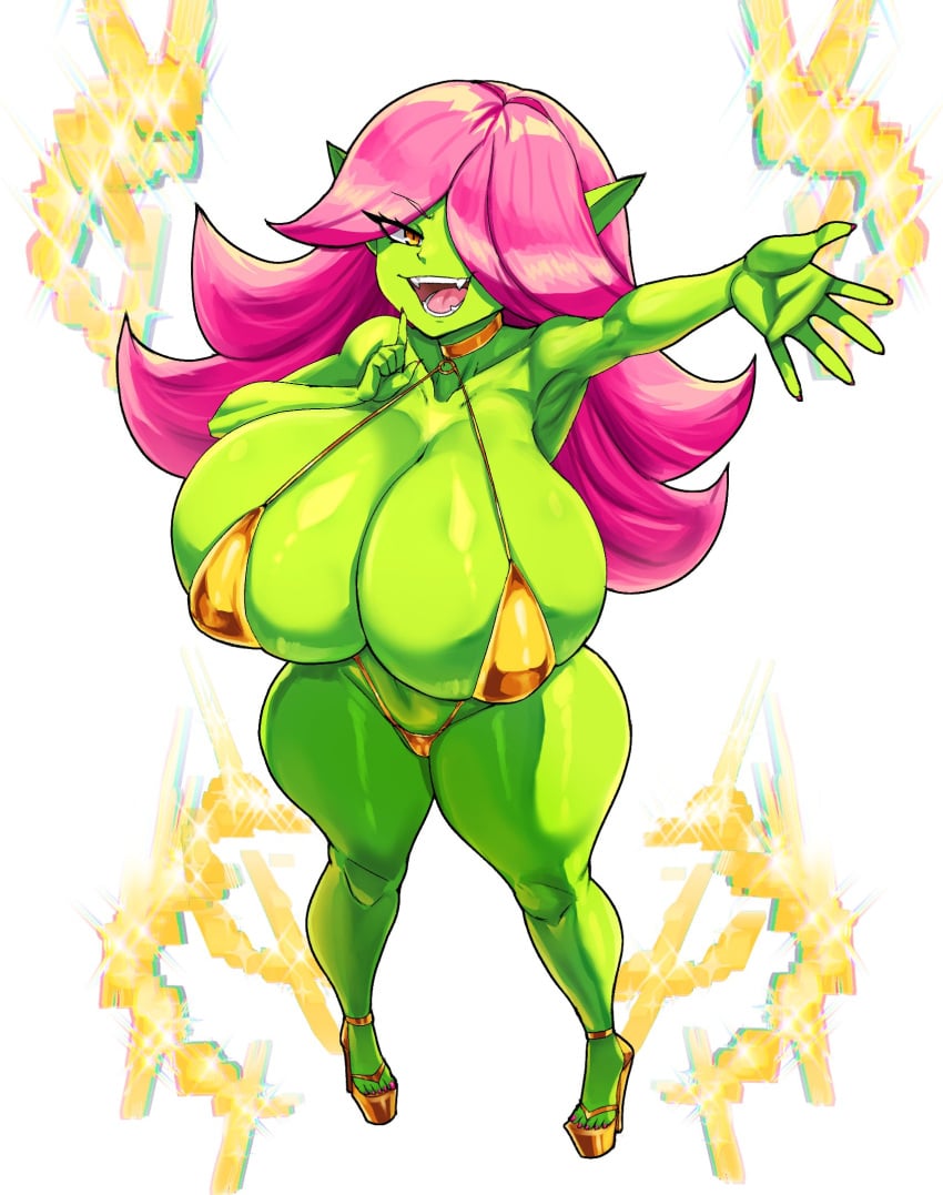 big_breasts bikini biped breasts clothed clothing dart_(thecon) eyelashes female footwear goblin golden_week green_body hair hi_res high_heels huge_breasts humanoid not_furry pink_hair pupils shoes simple_background smile solo swimwear thecon thick_thighs two-piece_swimsuit white_background