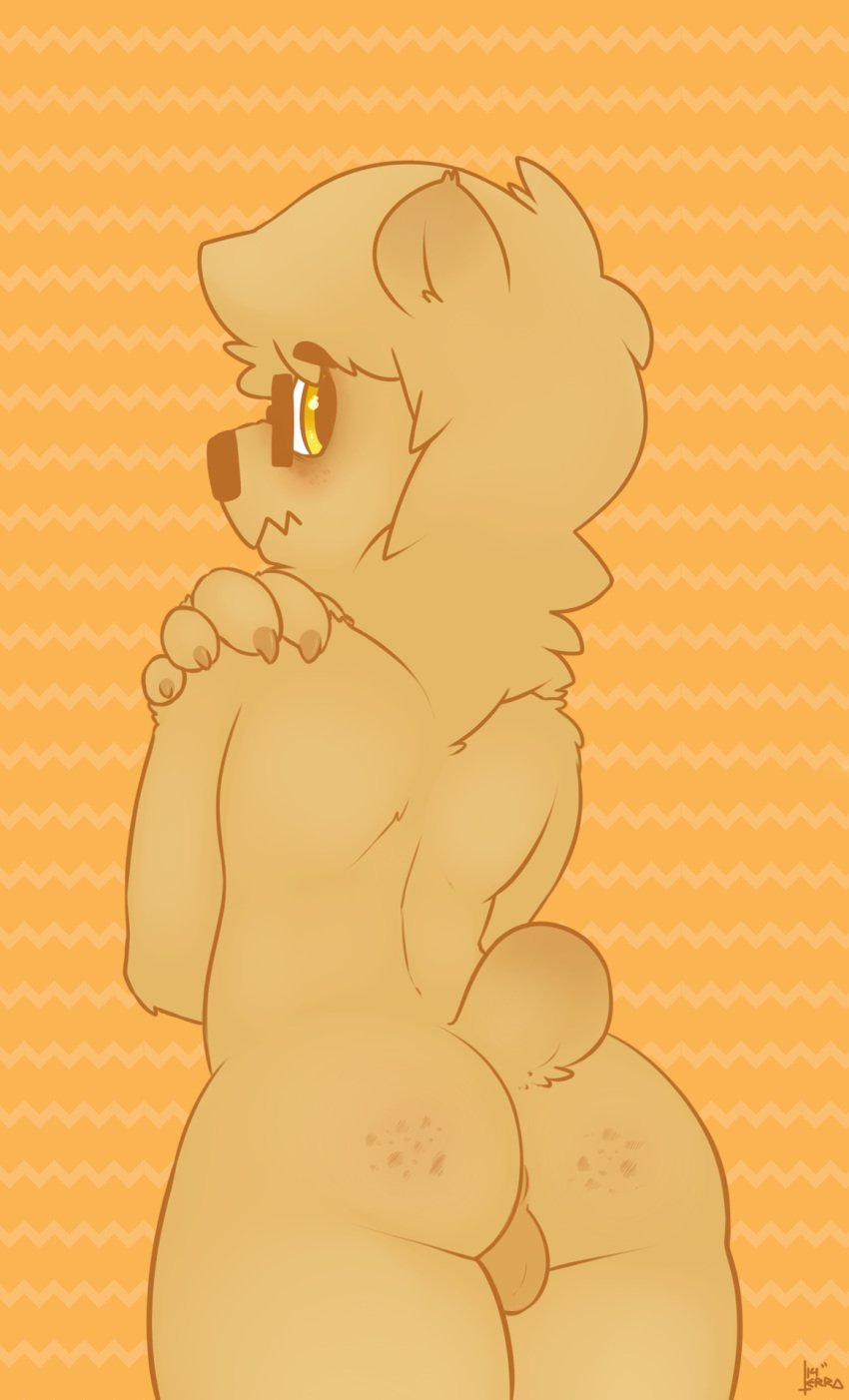 1boy 2014 anthro ass balls bear bearrabutt blush claws crossed_arms eyewear freckles fur furry glasses hand_on_shoulder looking_at_viewer looking_back male male_only mammal nude shy solo startled terrabutt thick_thighs unsure yellow_eyes