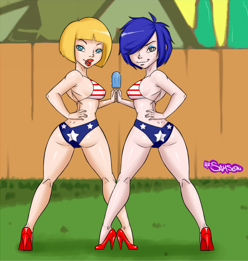 2girls american_flag american_flag_bikini ass back_view bikini bikini_bra blonde_hair blue_eyes blue_hair bob_cut breasts cartoon_network dat_ass ed_edd_n_eddy eyeshadow female freckles grey_eyes hair_over_one_eye high_heels hourglass_figure human kanker_sisters lipstick marie_kanker nazz_van_bartonschmeer panties popsicle samson_00 short_blonde_hair short_blue_hair sideboob smile teenager