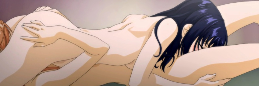 69 black_hair blush cap closed_eyes cunnilingus enjouji_maya female handa_shinobu honda_shinobu long_image milky_(company) multiple_girls nude oral orange_hair screencap screenshot shoujo_sect stitched wide_image yuri