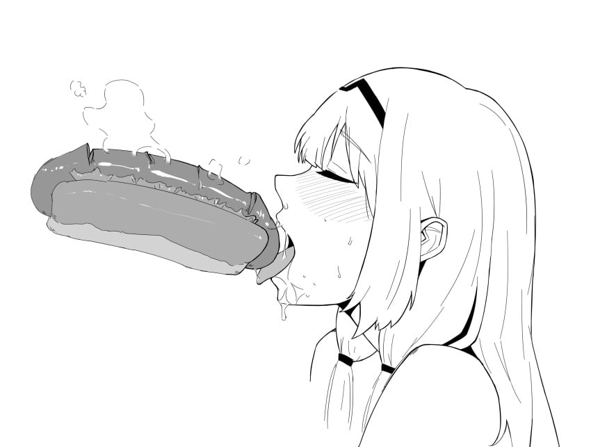 1girls 2d absurd_res an-94_(girls'_frontline) black_and_white drooling eyes_closed food franklink123211 girls'_frontline highres hot_dog imminent_oral monochrome phallic_symbol saliva sexually_suggestive solo steam