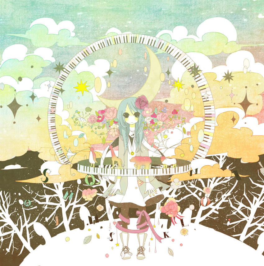 bear bird boots clothes cloud clouds coat colorful crescent dress flower flowers footwear giraffe hair_flower hair_ornament hatsune_miku highres jewelry keyboard lamb leaf mammal miya_(48ne) moon nail_polish necklace penguin piano piano_keys ribbon seabird sheep standing star stars surreal tree trees vocaloid