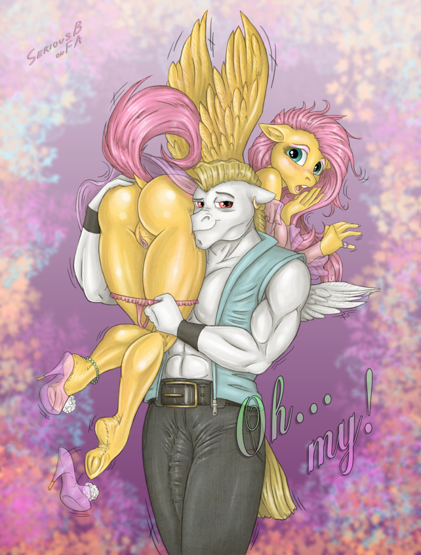 anthro anthrofied ass big_ass blush breasts bulk_biceps bulk_biceps_(mlp) calves clothing cutie_mark dress duo equine female fluttershy_(mlp) friendship_is_magic furry hair hands heels high_heels hindpaw horse long_hair looking_at_viewer looking_back male mammal my_little_pony naked_footwear naked_heels nude open_mouth panties paws pegasus penis plantigrade pony pussy raised_tail seriousb smile straight straight_hair tail text thick_thighs thighs underwear wide_hips wings