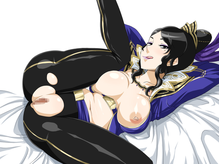 areolae arms_up ass bed black_hair breasts breasts_out censored enoshima_iki female highres large_breasts leg_up legs lipstick long_hair looking_at_viewer lying makeup mole naughty_face navel nipples no_panties on_side ponytail pussy shin_sangoku_musou simple_background solo thighs tied_hair tongue tongue_out torn_clothes zhen_ji