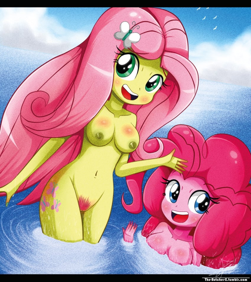 2girls blue_eyes blush body_blush bracelet breasts butterfly_hair_ornament cutie_mark dutch_angle equestria_girls fluttershy_(eg) friendship_is_magic green_eyes hairclip human humanized long_hair multiple_girls my_little_pony nail_polish navel nipples nude partially_submerged pink_hair pink_skin pinkie_pie_(eg) pubic_hair smile straight_hair the-butch-x the_butcher_(artist) water yellow_skin