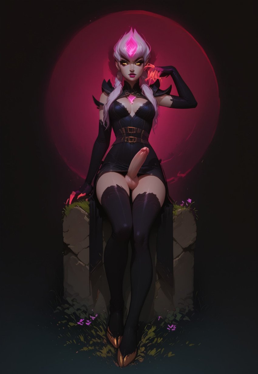 ai_generated black_background blindparty boob_window civitai cleavage evelynn futanari league_of_legends mostly_clothed_futa nudity penis solo solo_futa white_hair yellow_eyes