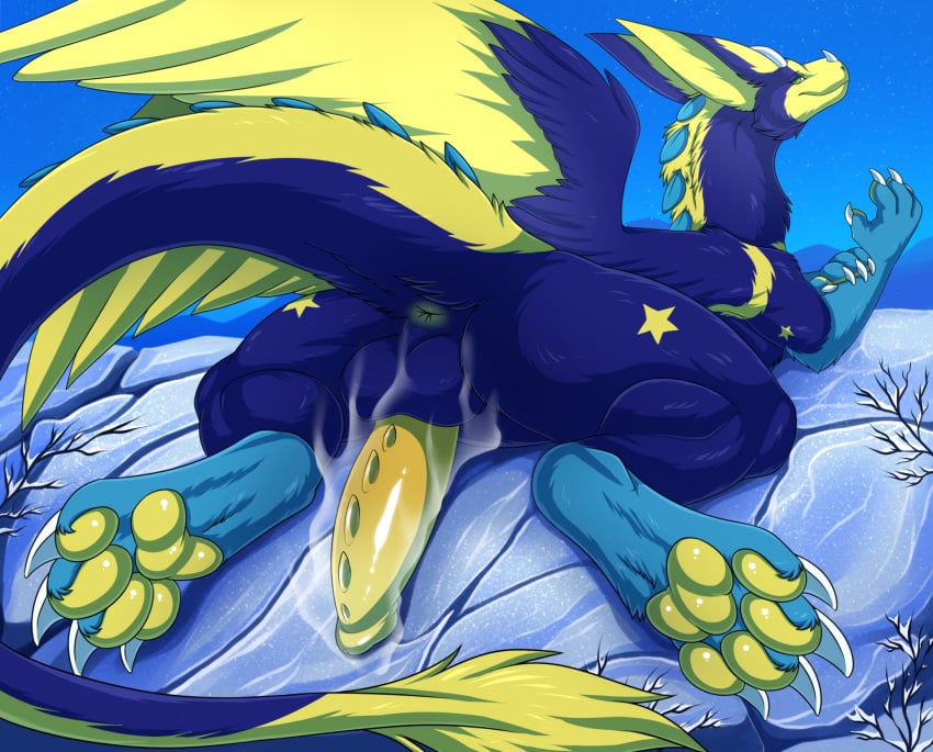 2d anthro anus balls claws dragon feral fur furred_dragon furred_scalie gay genitals hi_res lying male male_only mythological_creature mythological_scalie mythology on_front pawpads penis re-re rear_view scalie solo zetsin