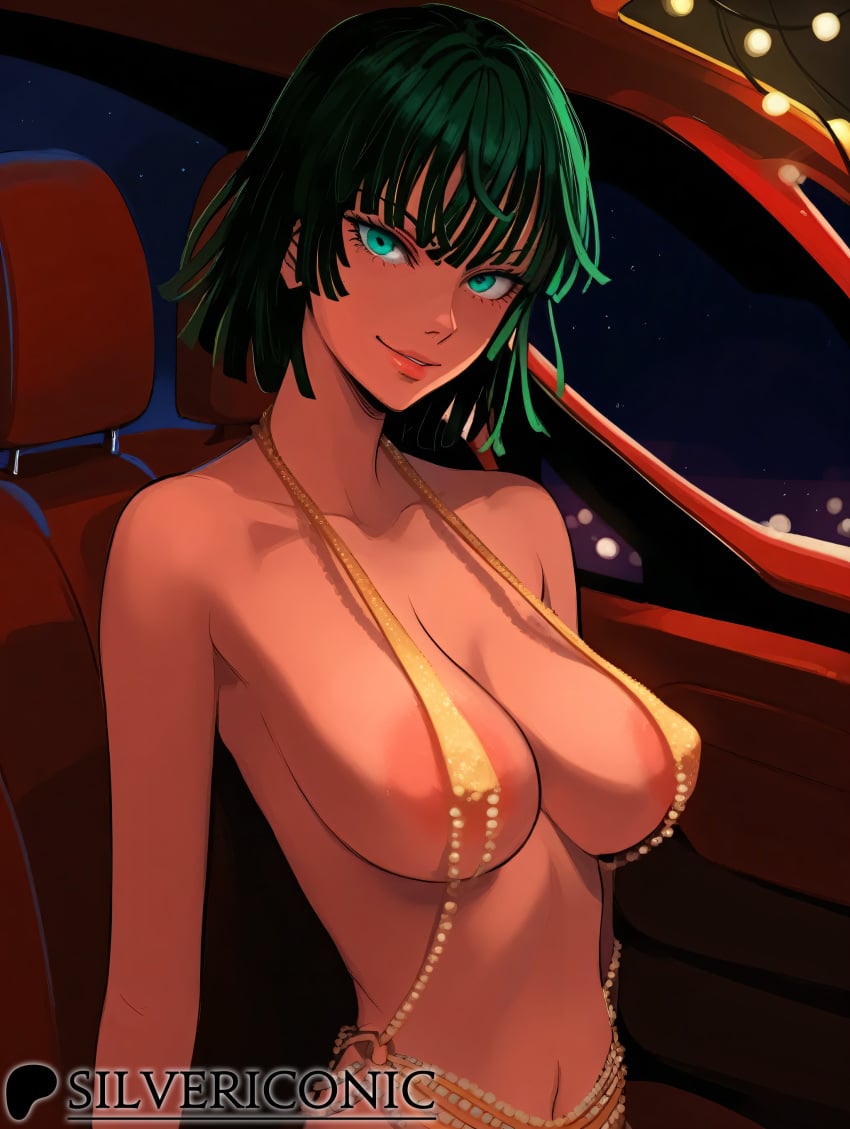 1girls 2d ai_generated areola car female female_focus female_only fubuki_(one-punch_man) green_eyes green_hair icosilveraiart large_breasts light necklace night one-punch_man revealing_clothes seductive seductive_look seductive_smile self_upload short_hair sitting tagme