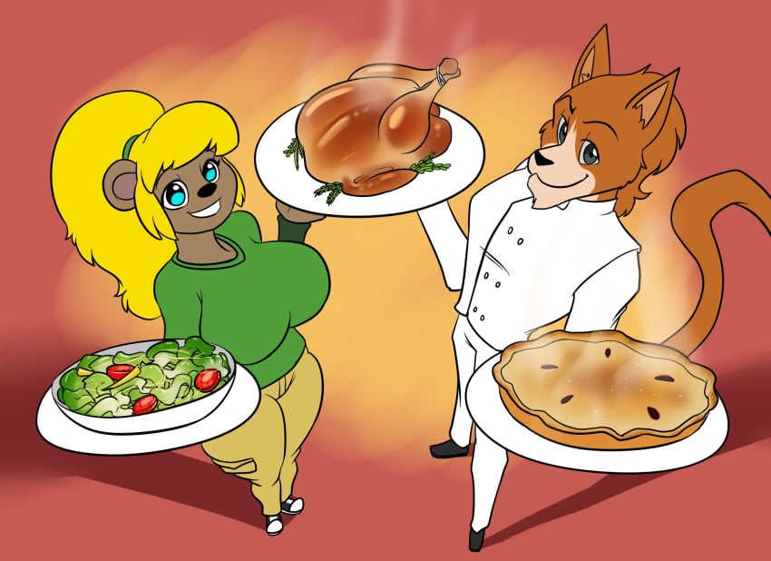 baker baxter_gagliardi bear blonde_hair busty chef cook cute dessert dinner feline flirt food hunk italian joy_ursinare jpeg kaboozle lettuce long_hair long_tail luhyzi muscular offering_food offering_to_viewer orange_fur pie ponytail salad turkey_(food) turkey_meat ursine