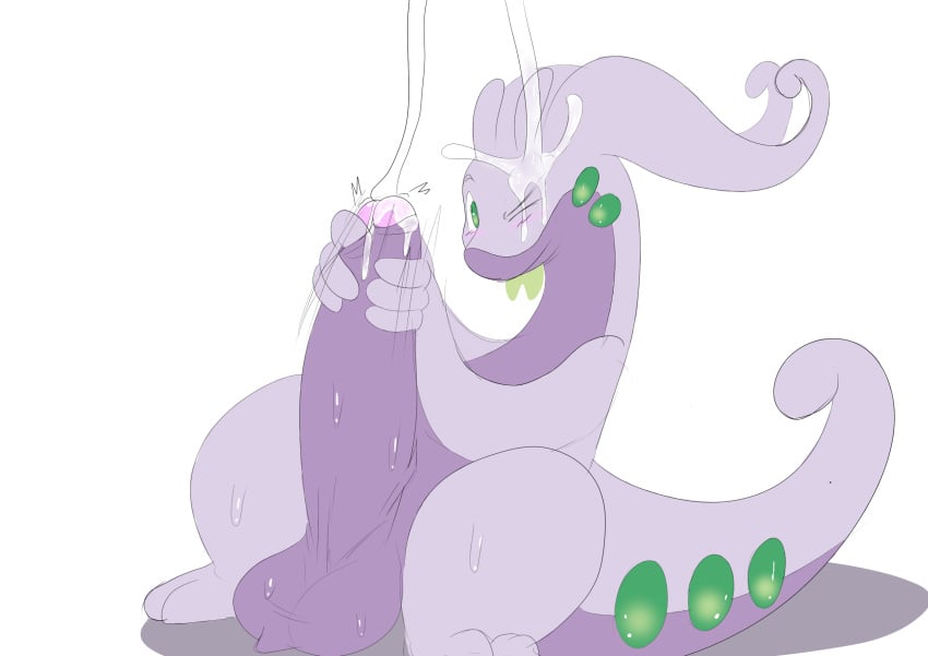 anthro balls blush bodily_fluids cum cum_on_face cumshot ejaculation foreskin foreskin_play game_freak gastropod generation_6_pokemon genital_fluids genitals goodra hi_res male masturbation mollusk nintendo one_eye_closed penis pokemon pokemon_(species) retracted_foreskin sitting sitting_on_ground slug solo solo_male sweat sweatdrop twerpishimp wink