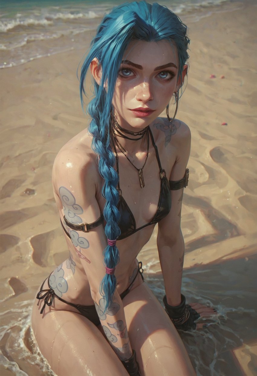 ai_generated beach bikini blue_eyes blue_hair jinx_(league_of_legends) league_of_legends santarvengar slim stable_diffusion sweat tagme