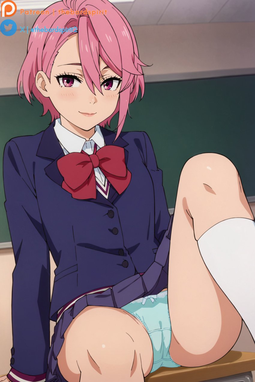 ai_generated ass cameltoe classroom dandadan leg_grab on_desk panties school_uniform shiratori_aira_(dandadan) skirt_lift uncensored