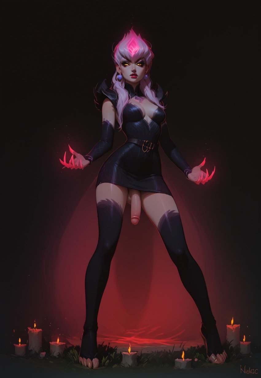 ai_generated black_background blindparty boob_window civitai cleavage evelynn futanari league_of_legends mostly_clothed_futa nudity penis solo white_hair yellow_eyes