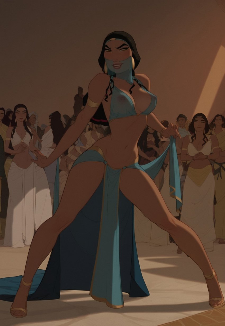 ai_generated arms belly_dancer belly_dancer_outfit big_breasts black_hair breasts dreamworks female female_only grusius hands legs lips lipstick long_hair looking_at_viewer nipples see-through see-through_clothing see-through_dress smile smiling teeth the_prince_of_egypt tzipporah