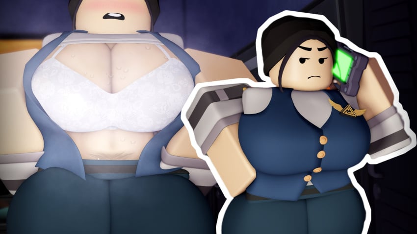 1girls 3d big_breasts black_hair blue_coat blush breasts cleavage clothed dispatcher_(tds) pinkishpinkas roblox roblox_game robloxian steam tagme thick_thighs tower_defense_simulator undressing vest white_bra