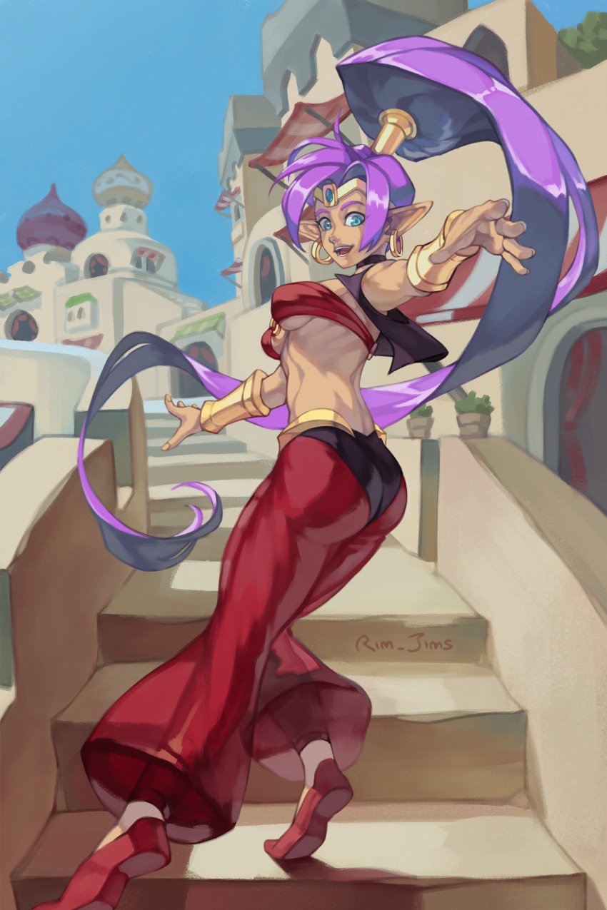 absurdres ass blue_eyes bracelet breasts dark-skinned_female dark_skin female highres jewelry looking_at_viewer open_mouth ponytail purple_hair red_footwear rim_jims shantae shantae_(series) smile solo stairs tiara underboob