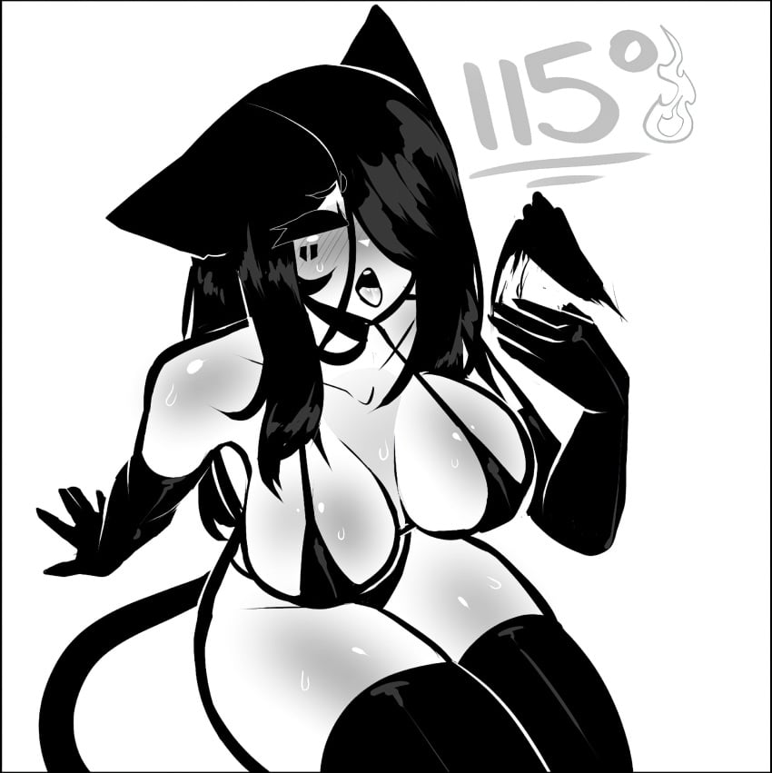 1girls big_breasts black_and_white black_eyes black_hair cat_ears catgirl choker female tekona thick thick_ass thick_legs thick_thighs