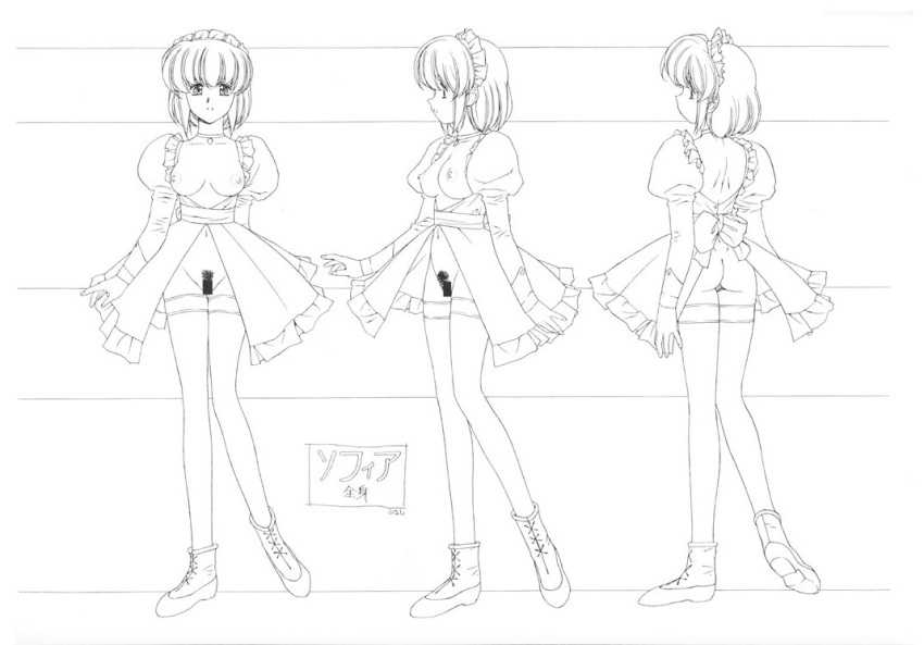 1girls ass breasts breasts_out censored character_sheet clothed clothing exposed_ass exposed_breasts exposed_pussy female female_only front_innocent maid maid_headdress maid_uniform medium_breasts model_sheet monochrome mostly_nude navel nipples nude official_art open_clothes perky_breasts pubes pubes_exposed pubic_hair pussy short_hair showgirl_skirt sketch sofia_(front_innocent) solo stockings thighhighs urushihara_satoshi young