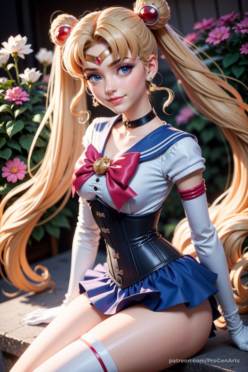 1girls ai_generated artist_name bishoujo_senshi_sailor_moon blonde_hair blue_eyes blue_sailor_collar blue_skirt blurry bow breasts choker circlet collarbone crescent crescent_earrings double_bun earrings elbow_gloves flower gloves hair_bun hair_ornament heart_choker hi_res jewelry lips long_hair looking_at_viewer magical_girl medium_breasts miniskirt nose patreon_username progenarts red_bow sailor_collar sailor_moon sailor_senshi_uniform short_sleeves single_thighhigh sitting skirt solo thighhighs thighs tsukino_usagi twintails usagi_tsukino very_long_hair watermark web_address white_gloves white_thighhighs