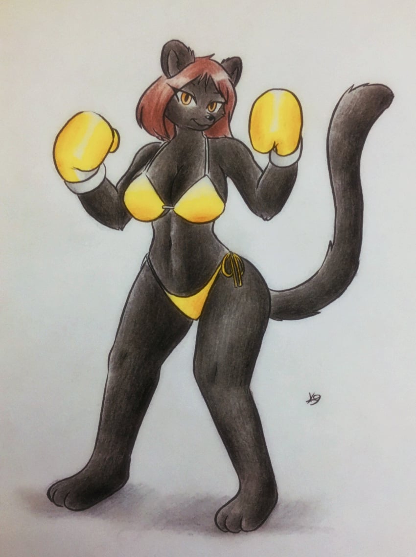 1girls anthro bikini bikini_girl black_fur boxing boxing_gloves brown_hair commission female female_focus female_only furry furry_female furry_only fursona orange_eyes original original_art original_artwork panther panther_girl pantherine pantherine_humanoid solo the_k9_team traditional_media_(artwork) wonder_jezy_(wonderjezy) yellow_bikini yellow_boxing_gloves yellow_gloves