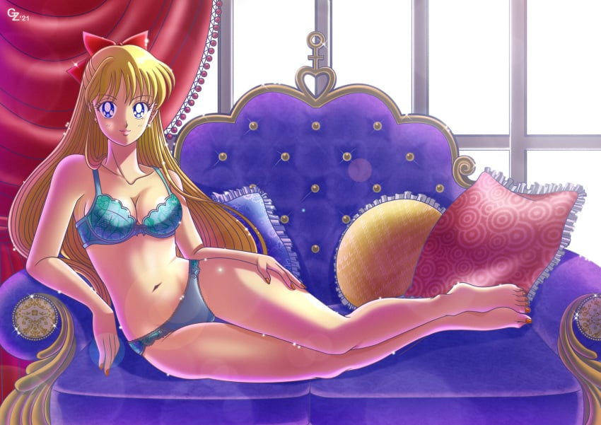 1girls aino_minako alluring bishoujo_senshi_sailor_moon blonde_hair blue_eyes bow cleavage curtains earrings giadazema highres jewelry lingerie long_hair lying medium_breasts minako_aino red_bow underwear window