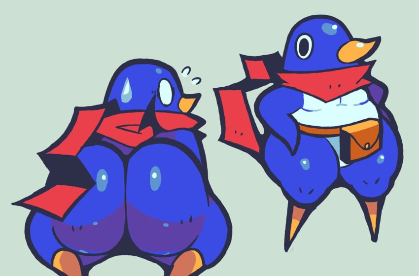 ass ass beak belt berryofmalice blue_body hero_prinny penguin prinny scarf shiny shiny_ass shiny_butt shiny_skin suprised suprised_look sweat sweatdrop