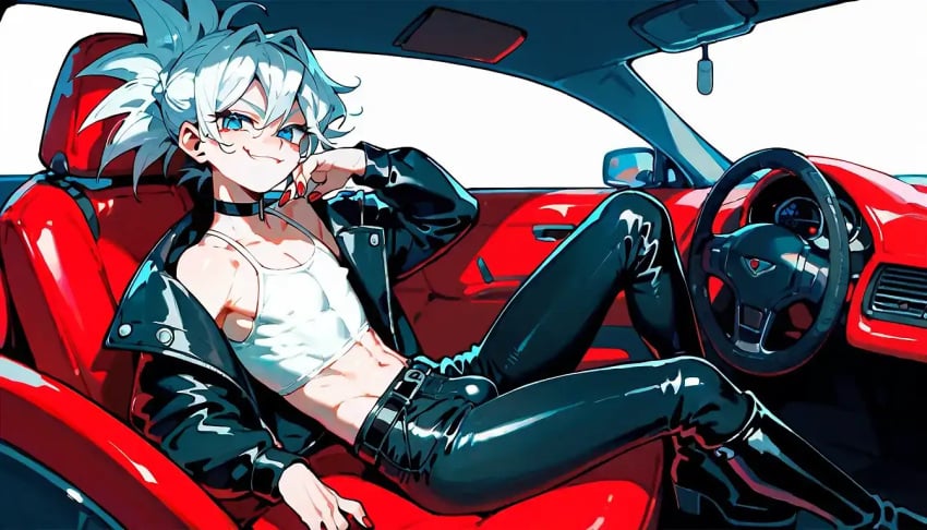 1femboy ai_generated bulge car exposed_torso femboy hair_tied_back in_car leather_boots leather_jacket leather_pants mahamoan male_only mila_matsumoto red_nails smug solo tanktop white_hair